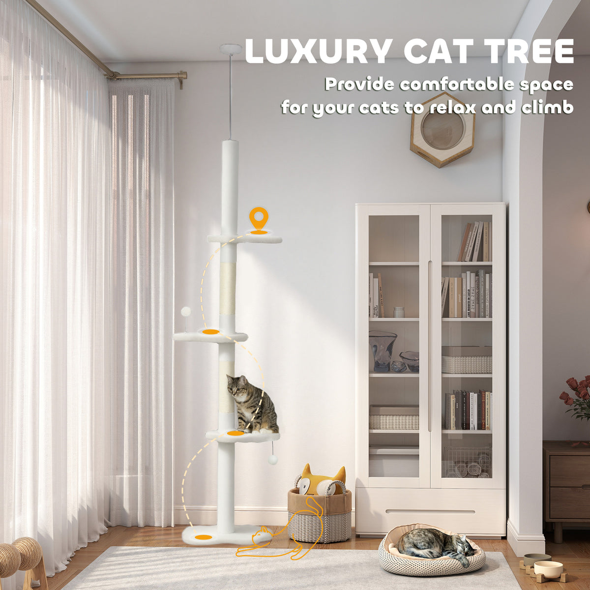 Floor to Ceiling Cat Tree - 88.5"-100.5" Cloud Tower Cream-Cats-DECOROLALA