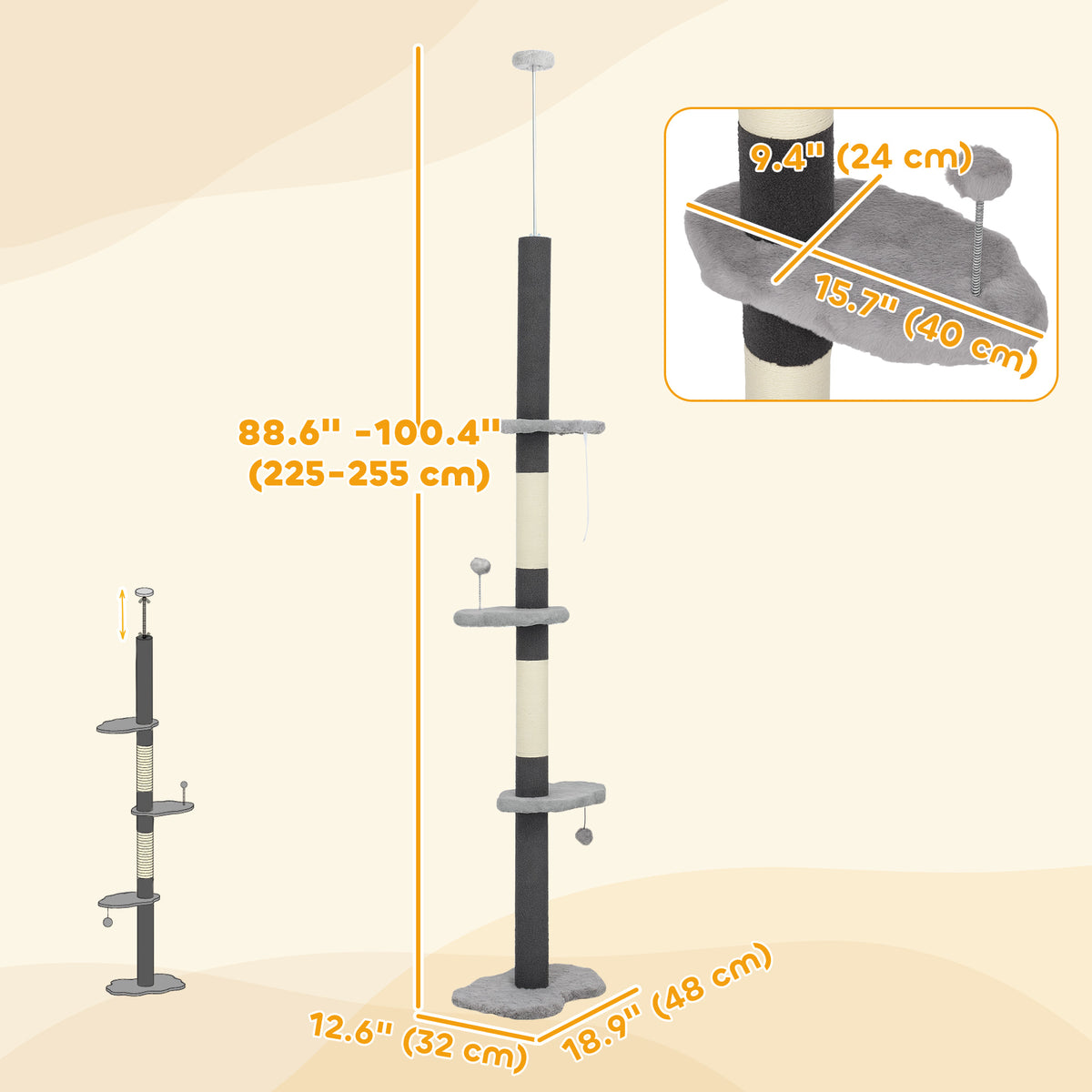 Floor to Ceiling Cat Tree - 88.5"-100.5" Grey Cloud Tower-Cats-DECOROLALA