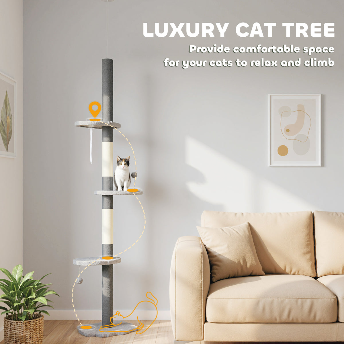 Floor to Ceiling Cat Tree - 88.5"-100.5" Grey Cloud Tower-Cats-DECOROLALA