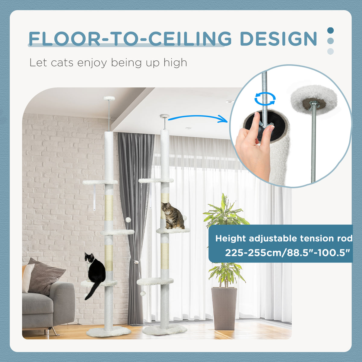 Floor to Ceiling Cat Tree - 88.5"-100.5" White Cloud Tower-Cats-DECOROLALA