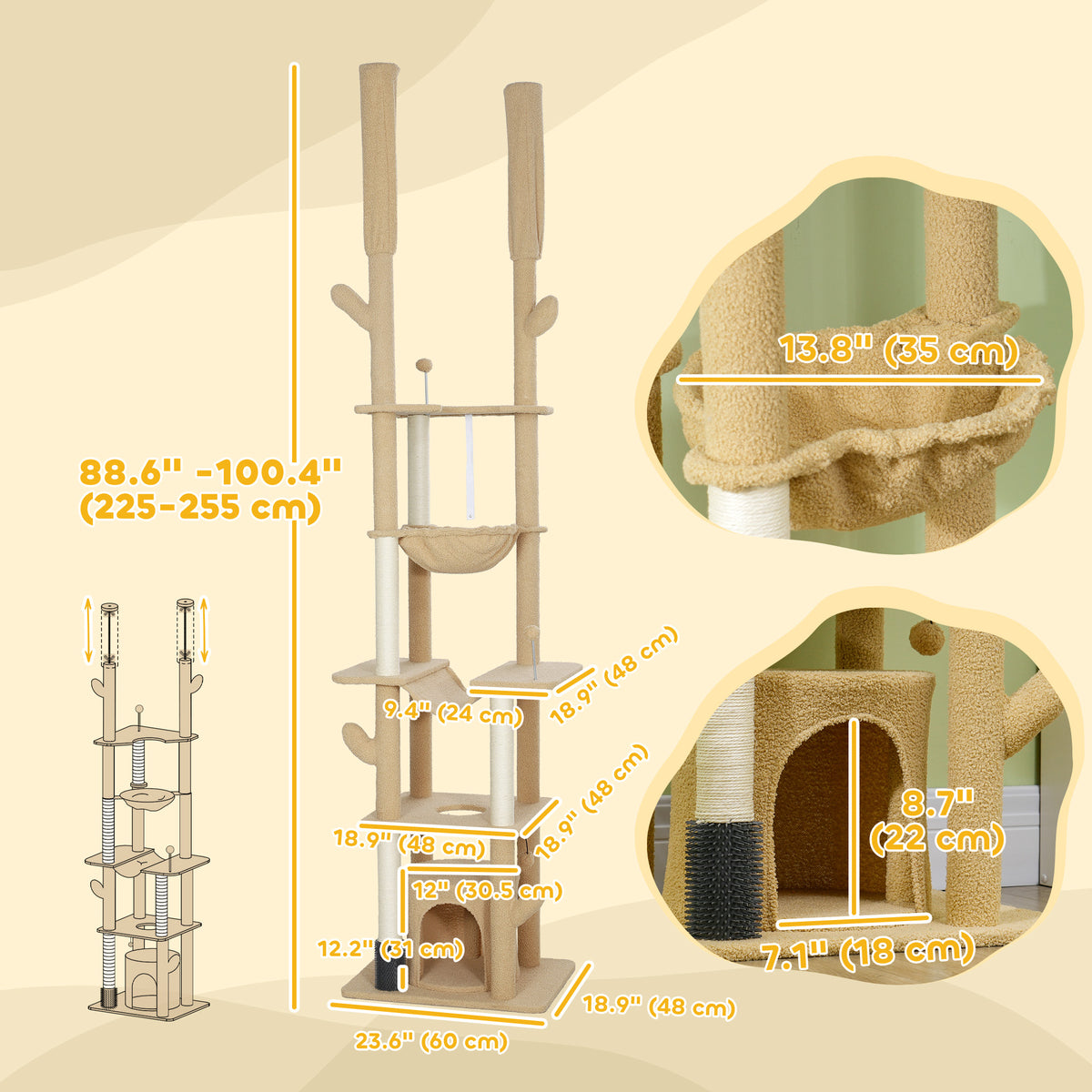 Floor to Ceiling Cat Tree - 89"-100" Adjustable Tower Brown-Cats-DECOROLALA