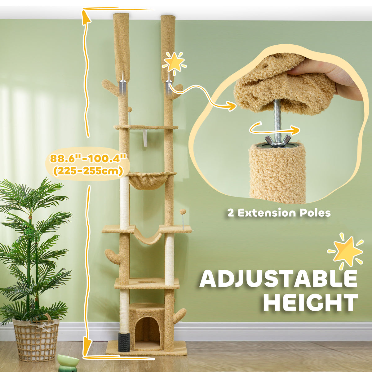 Floor to Ceiling Cat Tree - 89"-100" Adjustable Tower Brown-Cats-DECOROLALA