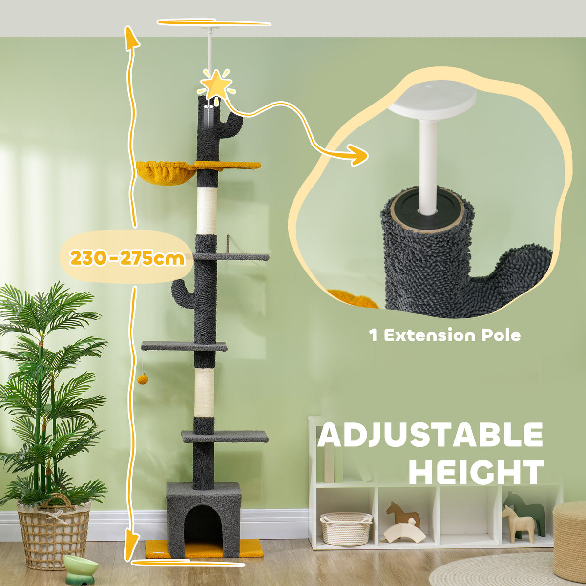 Floor to Ceiling Cat Tree - 90.5"-108" Adjustable Dark Grey-Cats-DECOROLALA