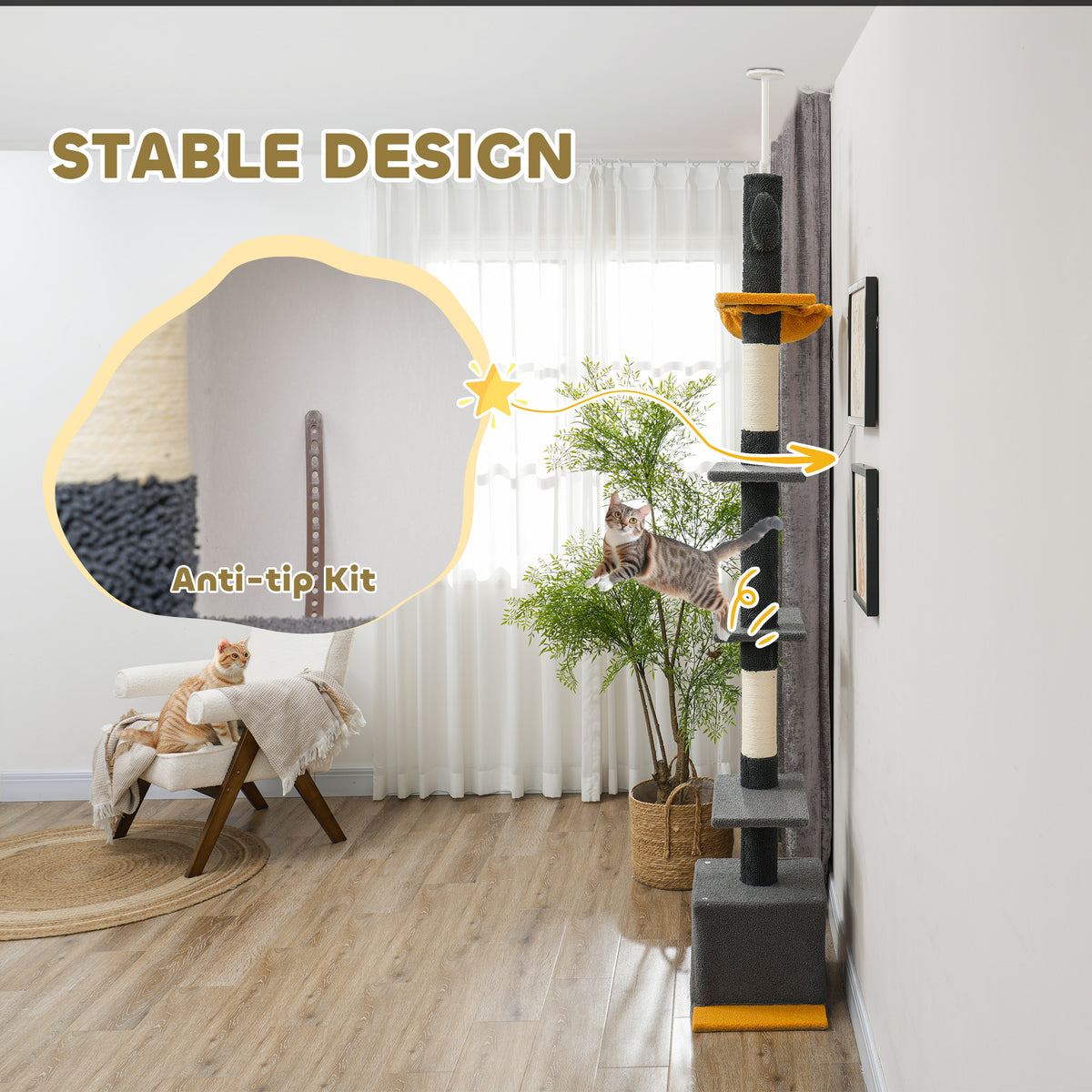 Floor to Ceiling Cat Tree - 90.5"-108" Adjustable Dark Grey-Cats-DECOROLALA