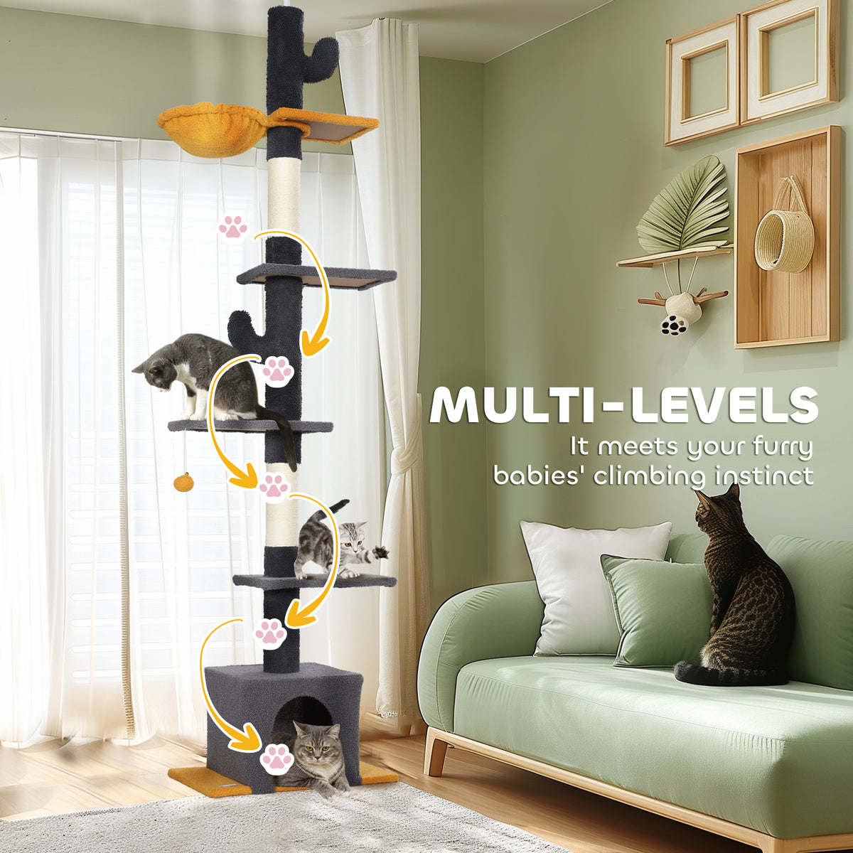 Floor to Ceiling Cat Tree - 90.5"-108" Adjustable Dark Grey-Cats-DECOROLALA