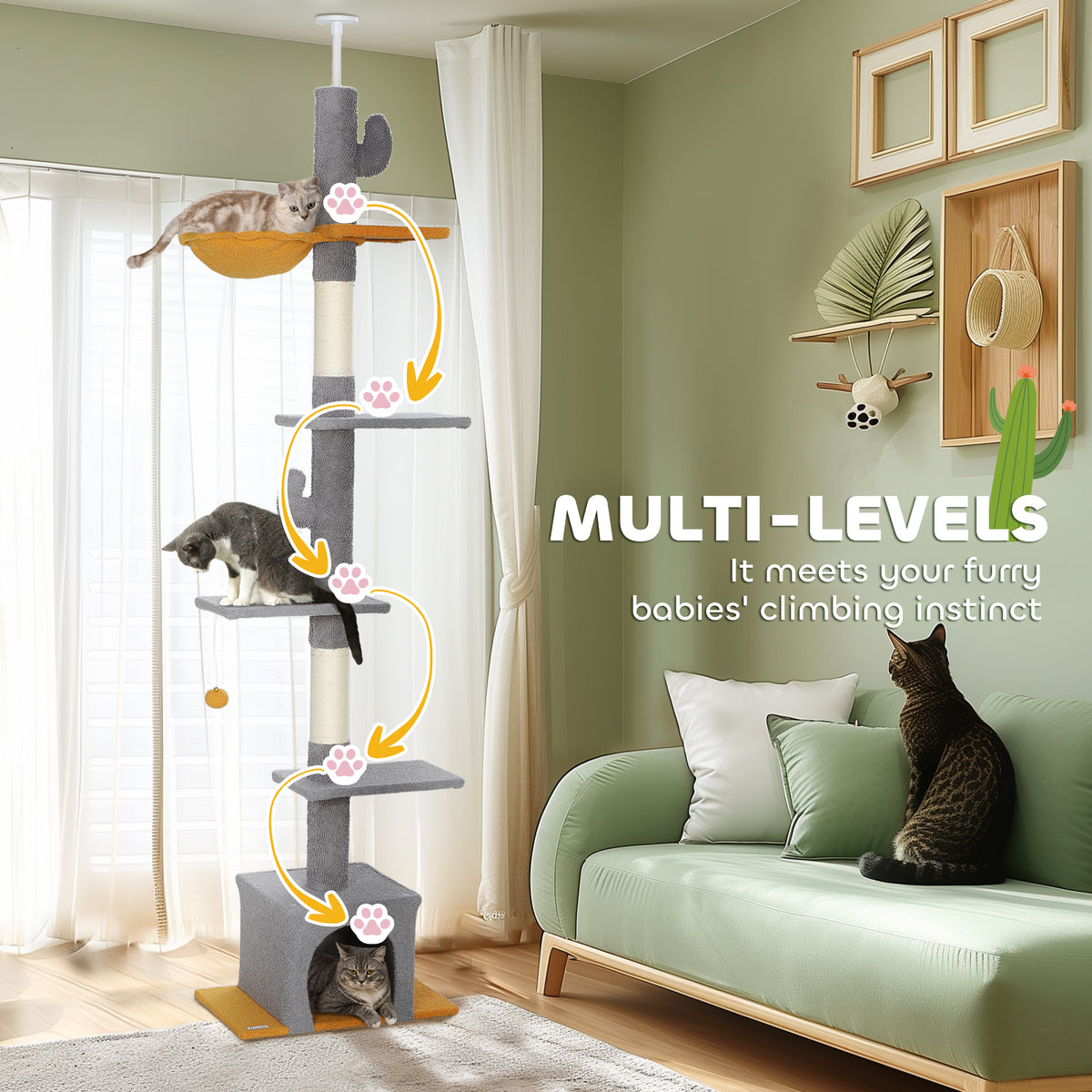 Floor to Ceiling Cat Tree - 90.5"-108" Adjustable Light Grey-Cats-DECOROLALA