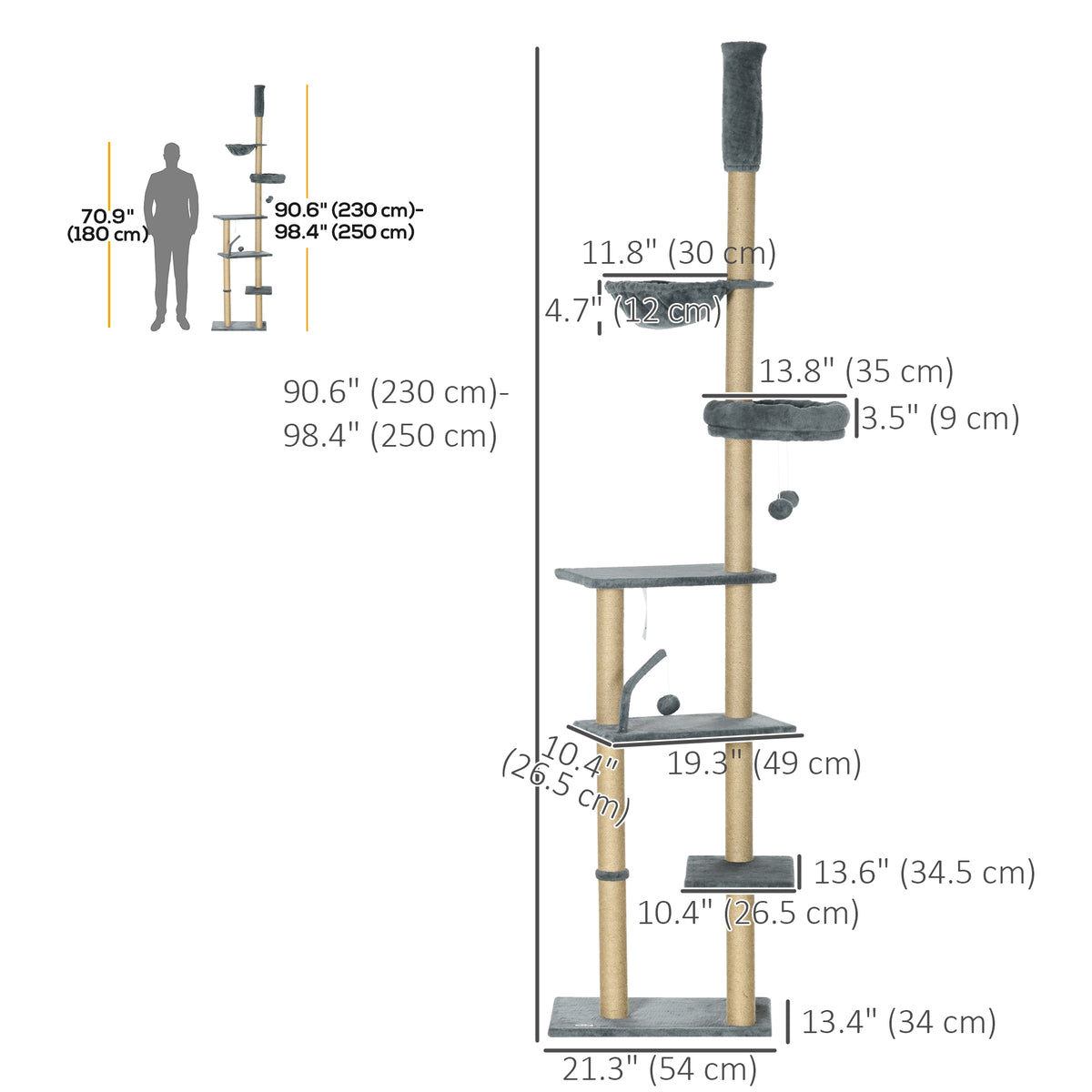 Floor to Ceiling Cat Tree - 90.5"-98.5" Adjustable Tower Grey-Cats-DECOROLALA