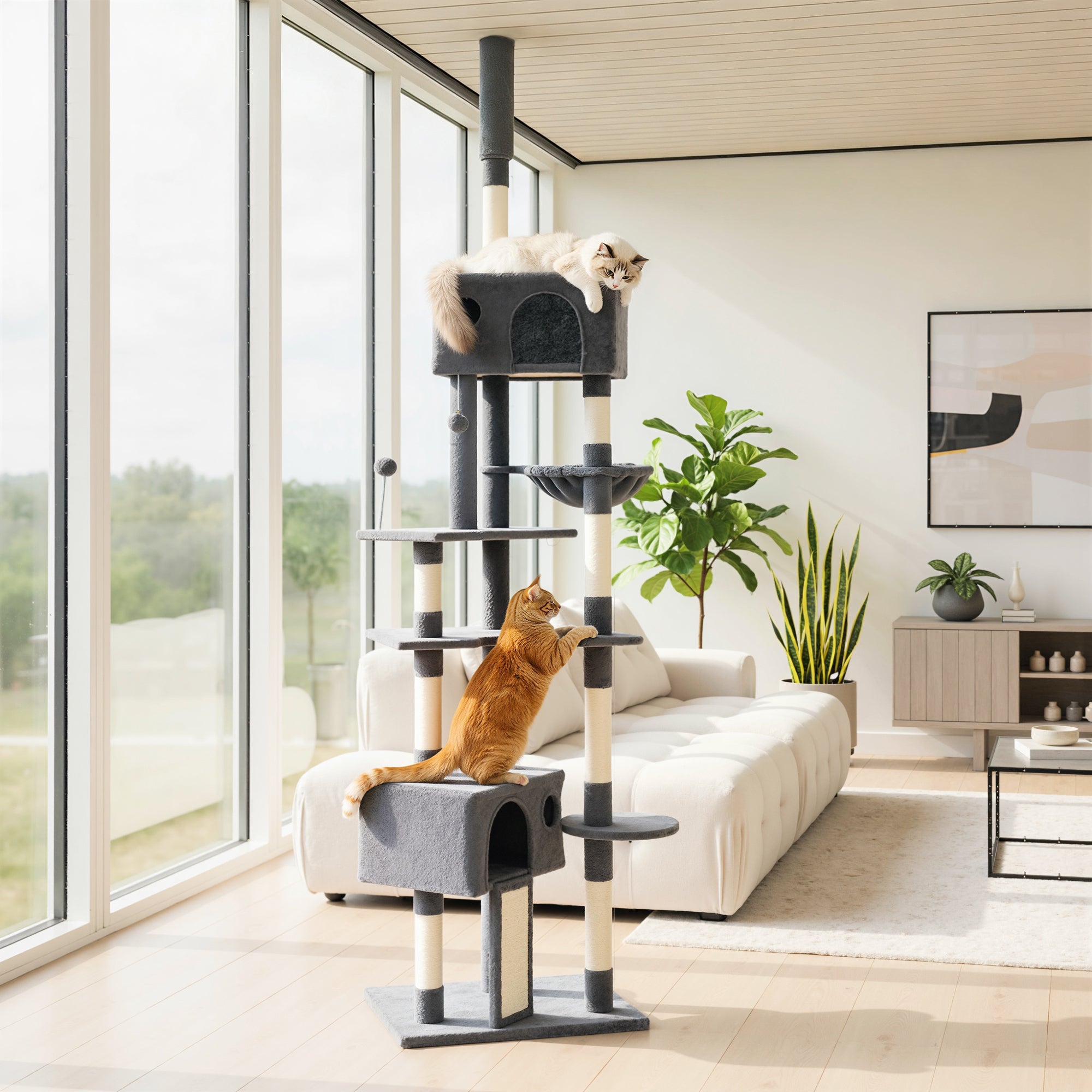 Floor to Ceiling Cat Tree - 91"-98" Dark Grey with 2 Condos-Cats-DECOROLALA