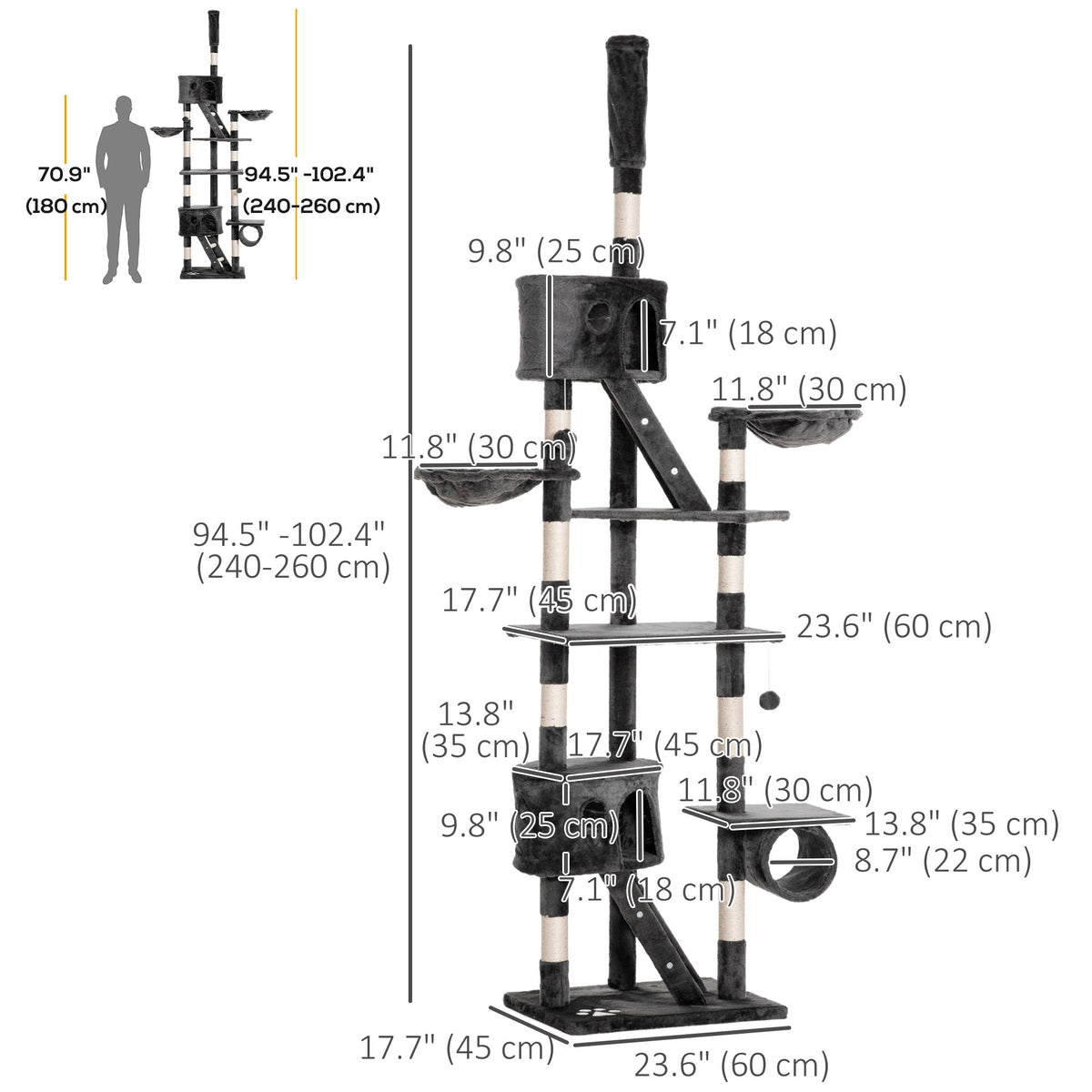 Floor to Ceiling Cat Tree - 94"-102" Multi-Level Condo Dark Grey-Cats-DECOROLALA