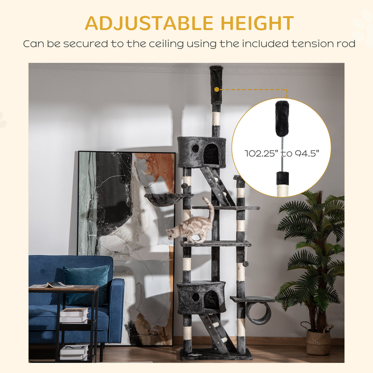Floor to Ceiling Cat Tree - 94"-102" Multi-Level Condo Dark Grey-Cats-DECOROLALA