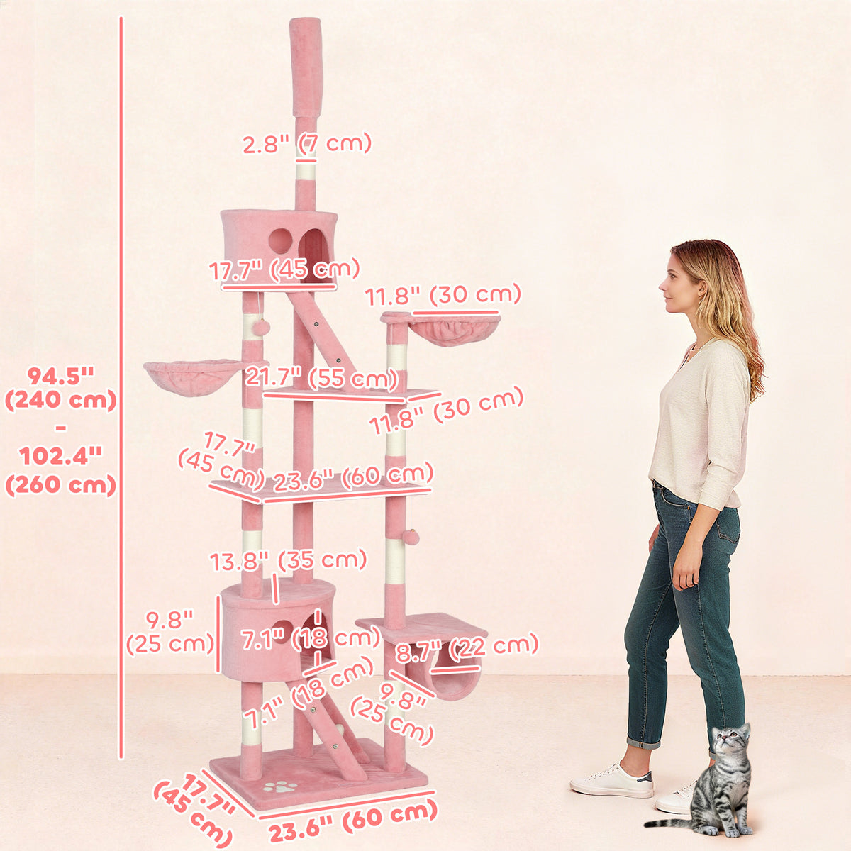 Floor to Ceiling Cat Tree - 94"-102" Multi-Level Condo Pink-Cats-DECOROLALA