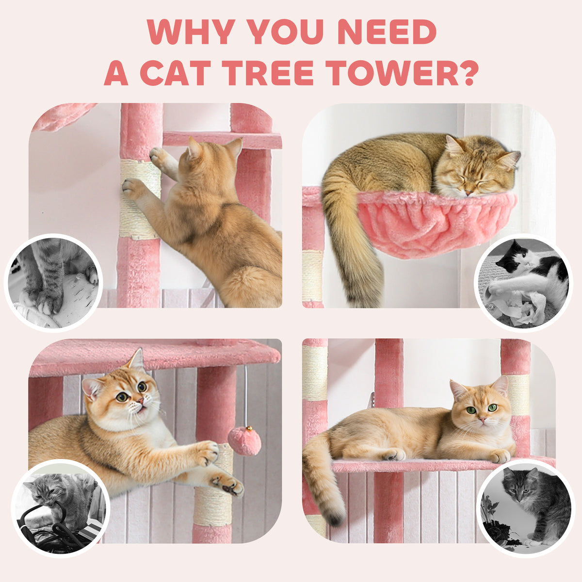 Floor to Ceiling Cat Tree - 94"-102" Multi-Level Condo Pink-Cats-DECOROLALA