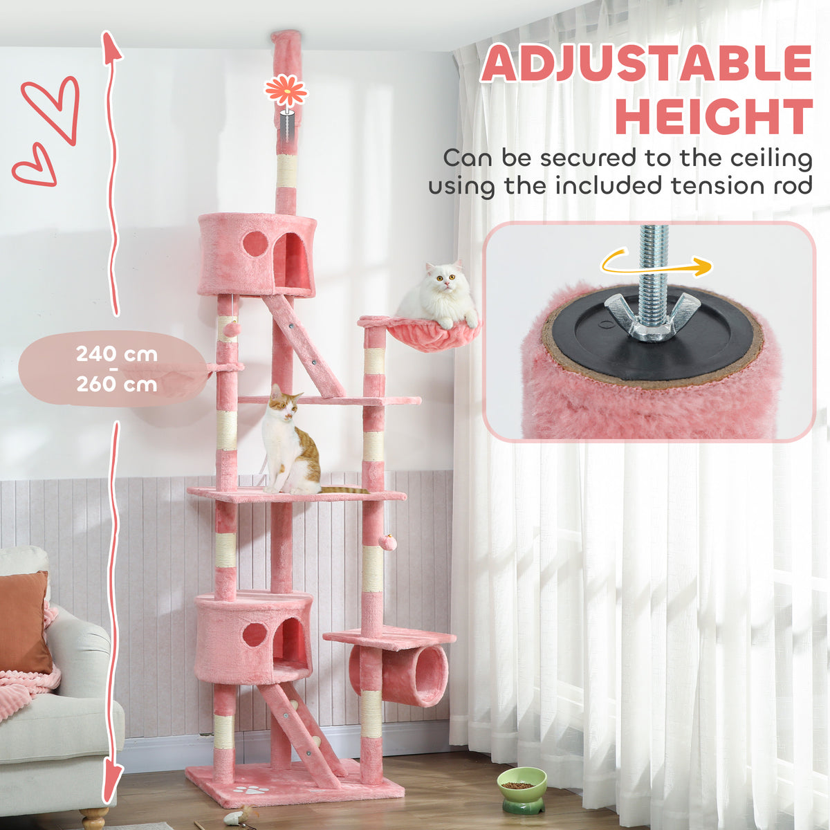 Floor to Ceiling Cat Tree - 94"-102" Multi-Level Condo Pink-Cats-DECOROLALA