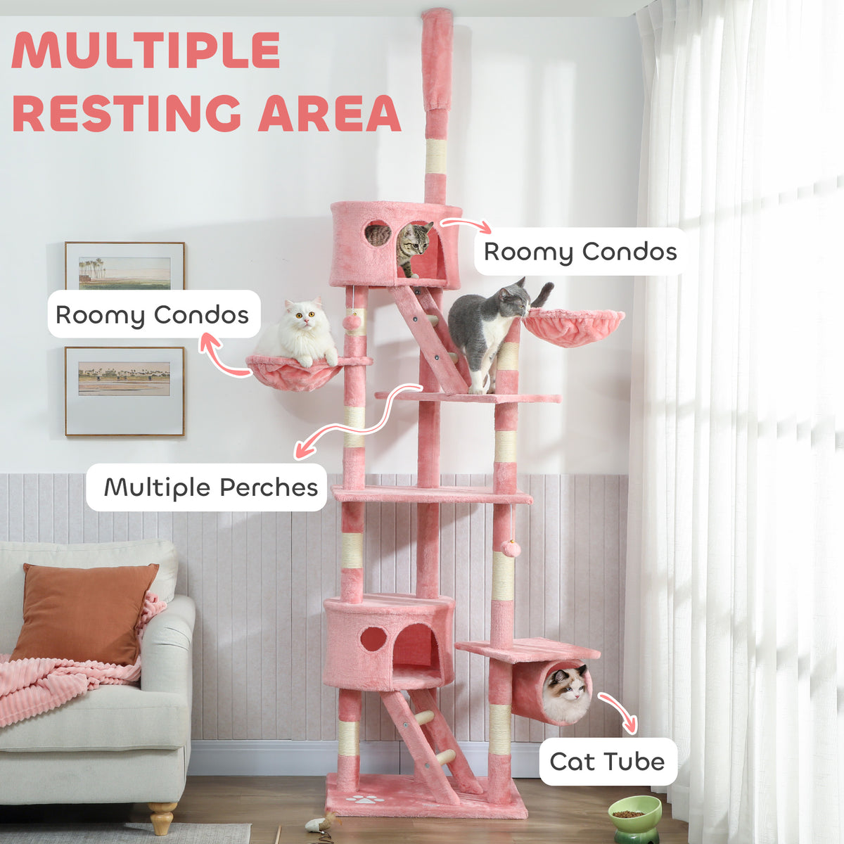 Floor to Ceiling Cat Tree - 94"-102" Multi-Level Condo Pink-Cats-DECOROLALA