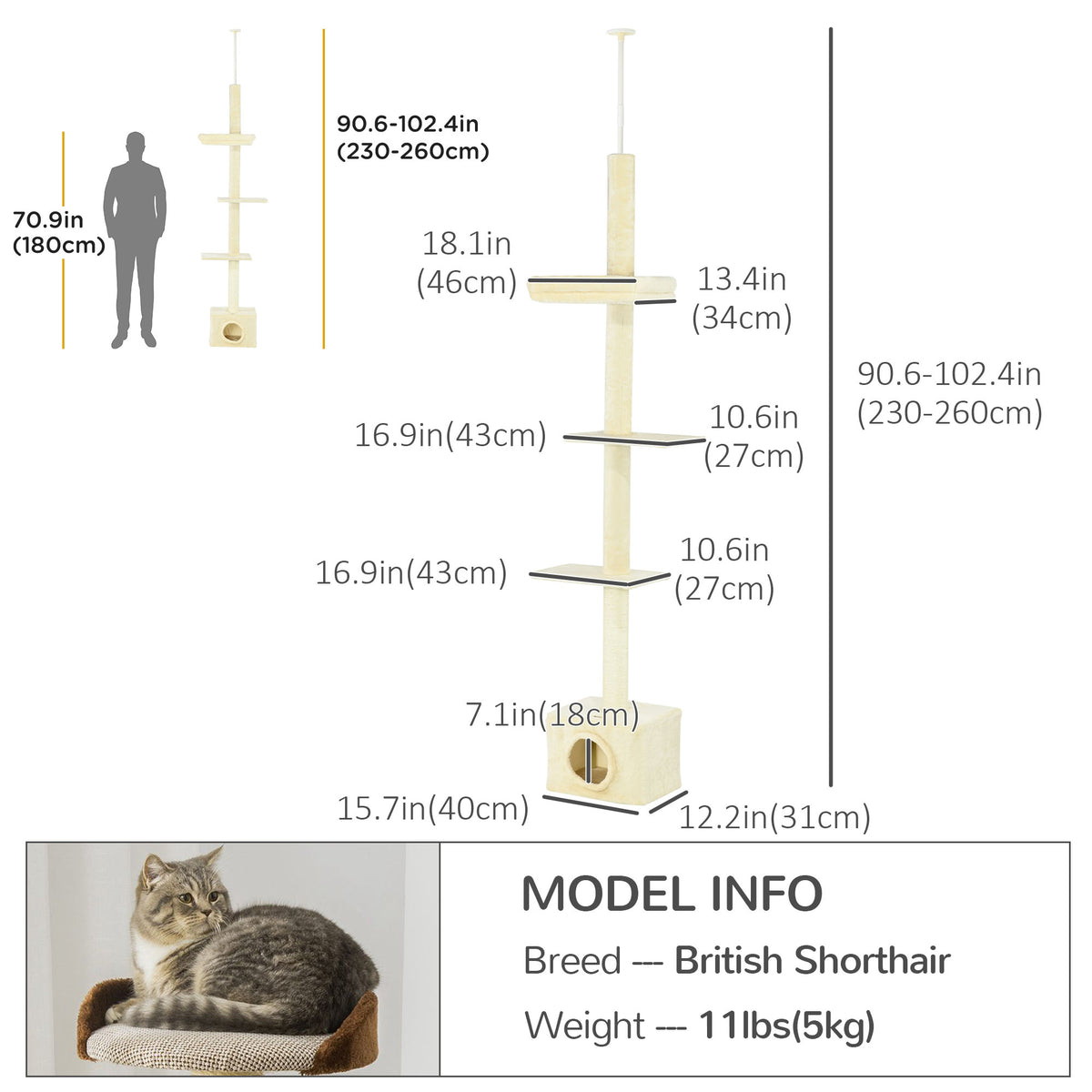 Floor to Ceiling Cat Tree - Adjustable 91-102" Tower, Beige-Cats-DECOROLALA
