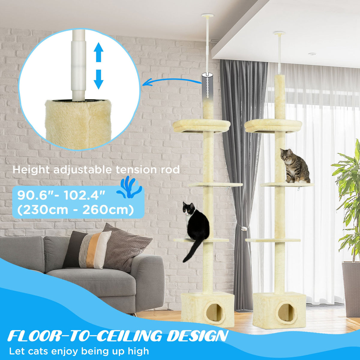 Floor to Ceiling Cat Tree - Adjustable 91-102" Tower, Beige-Cats-DECOROLALA