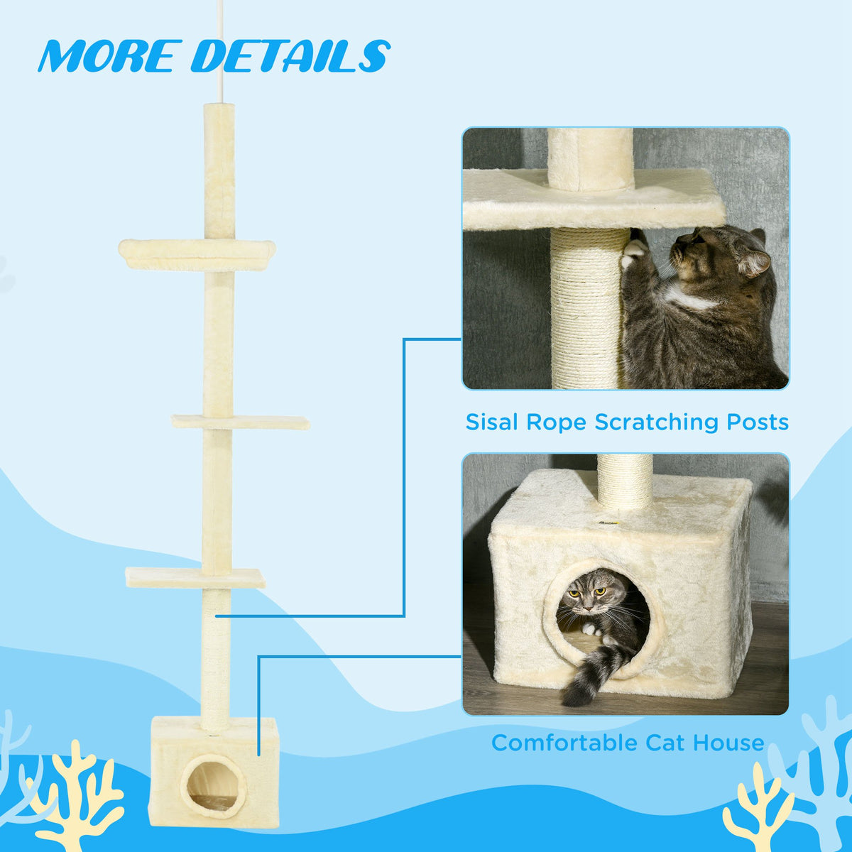 Floor to Ceiling Cat Tree - Adjustable 91-102" Tower, Beige-Cats-DECOROLALA