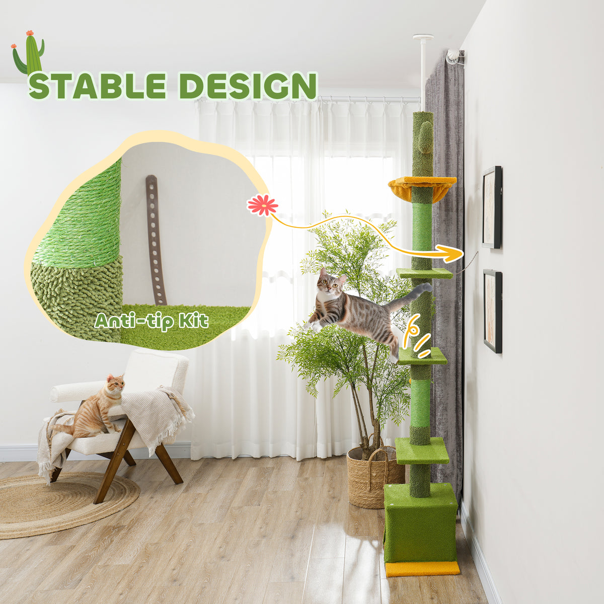 Floor to Ceiling Cat Tree Tower - 90.5"-108" Adjustable Green-Cats-DECOROLALA