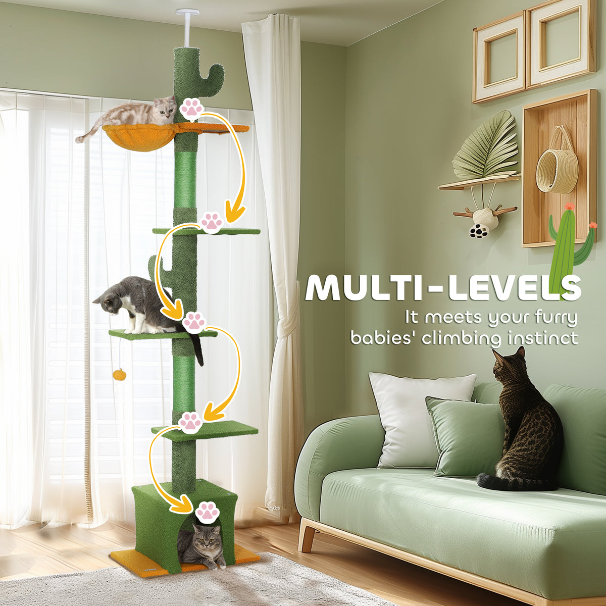 Floor to Ceiling Cat Tree Tower - 90.5"-108" Adjustable Green-Cats-DECOROLALA