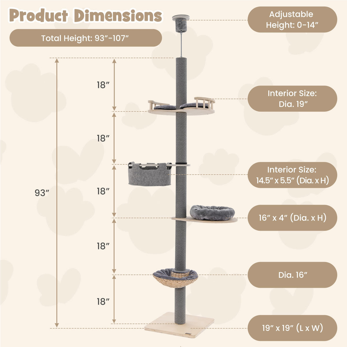 Floor to Ceiling Cat Tree with 93 Inch-107 Inch Adjustable Height-Gray-Cat Trees & Scratchers-DECOROLALA