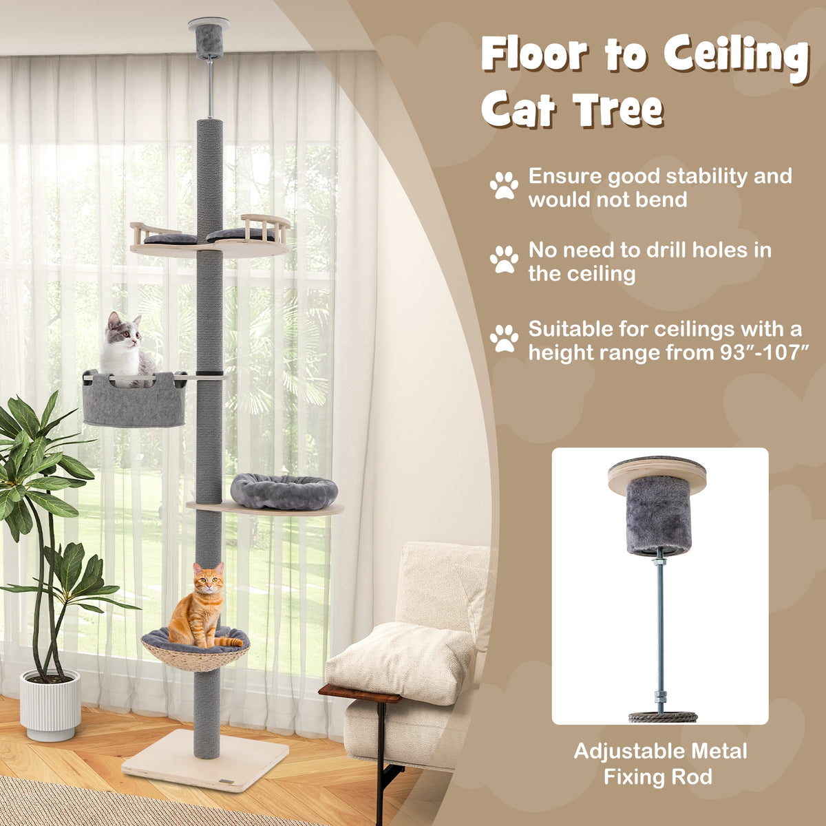 Floor to Ceiling Cat Tree with 93 Inch-107 Inch Adjustable Height-Gray-Cat Trees & Scratchers-DECOROLALA