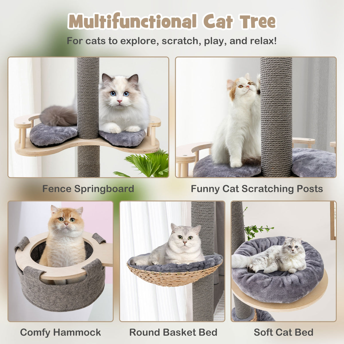 Floor to Ceiling Cat Tree with 93 Inch-107 Inch Adjustable Height-Gray-Cat Trees & Scratchers-DECOROLALA