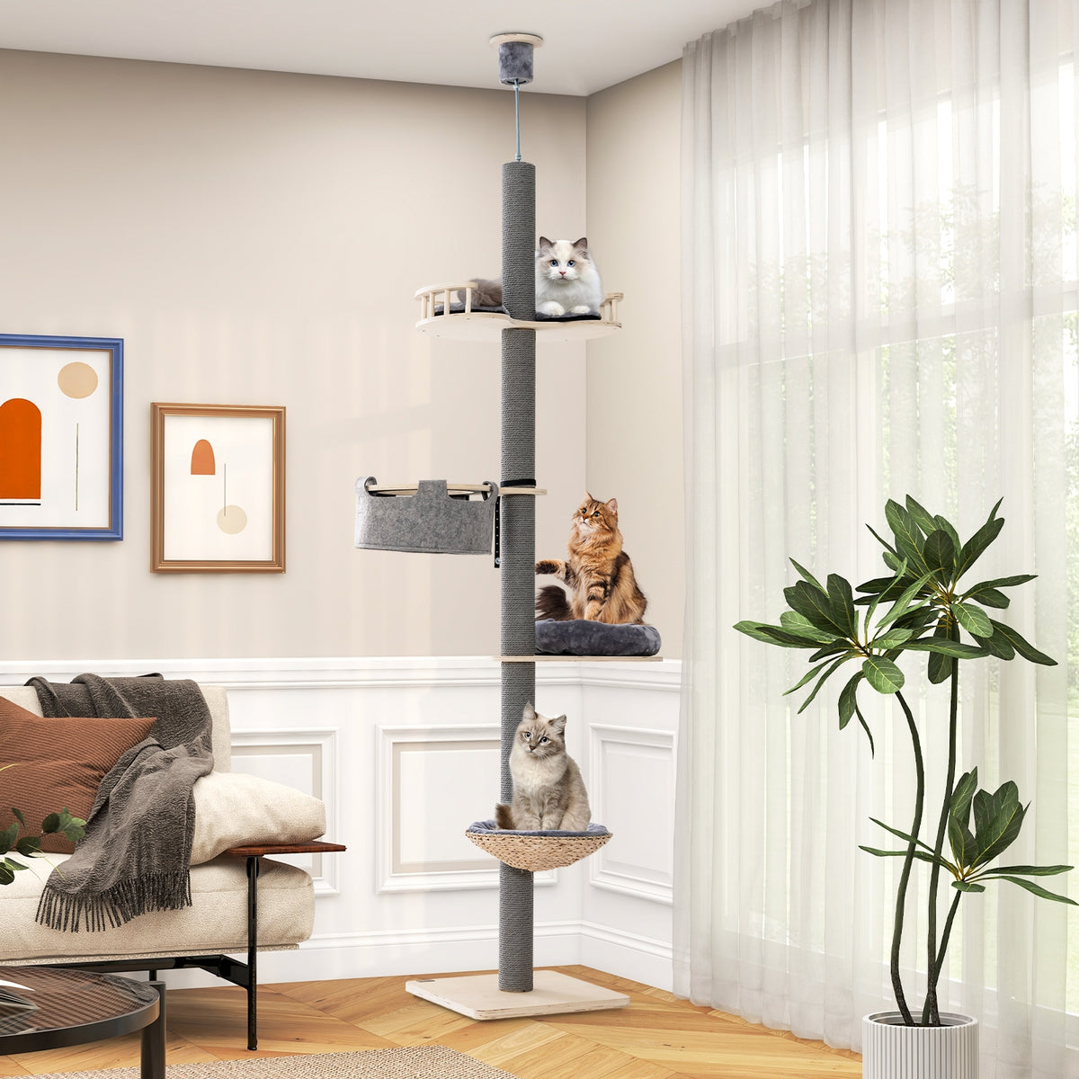Floor to Ceiling Cat Tree with 93 Inch-107 Inch Adjustable Height-Gray-Cat Trees & Scratchers-DECOROLALA