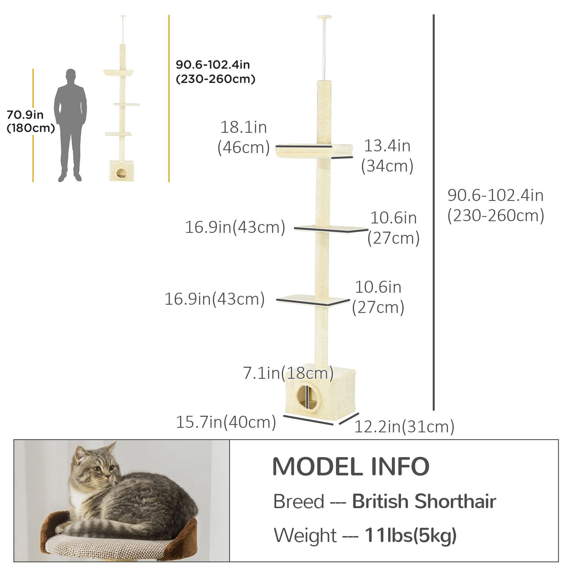 Floor to Ceiling Cat Tree with Scratching Post for Indoor Cats, Adjustable Height Cat Tower (91-102 Inches) with House, Bed, Beige-Cats-DECOROLALA