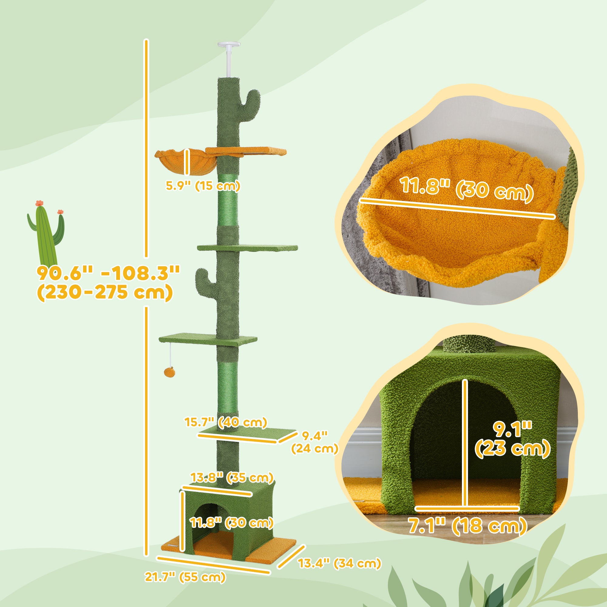 Floor to Ceiling Cat TreeTower with 90.5"-108" Adjustable Height, Scratching Posts, Hammock, Comdo, Toy Ball, Green-Cats-DECOROLALA