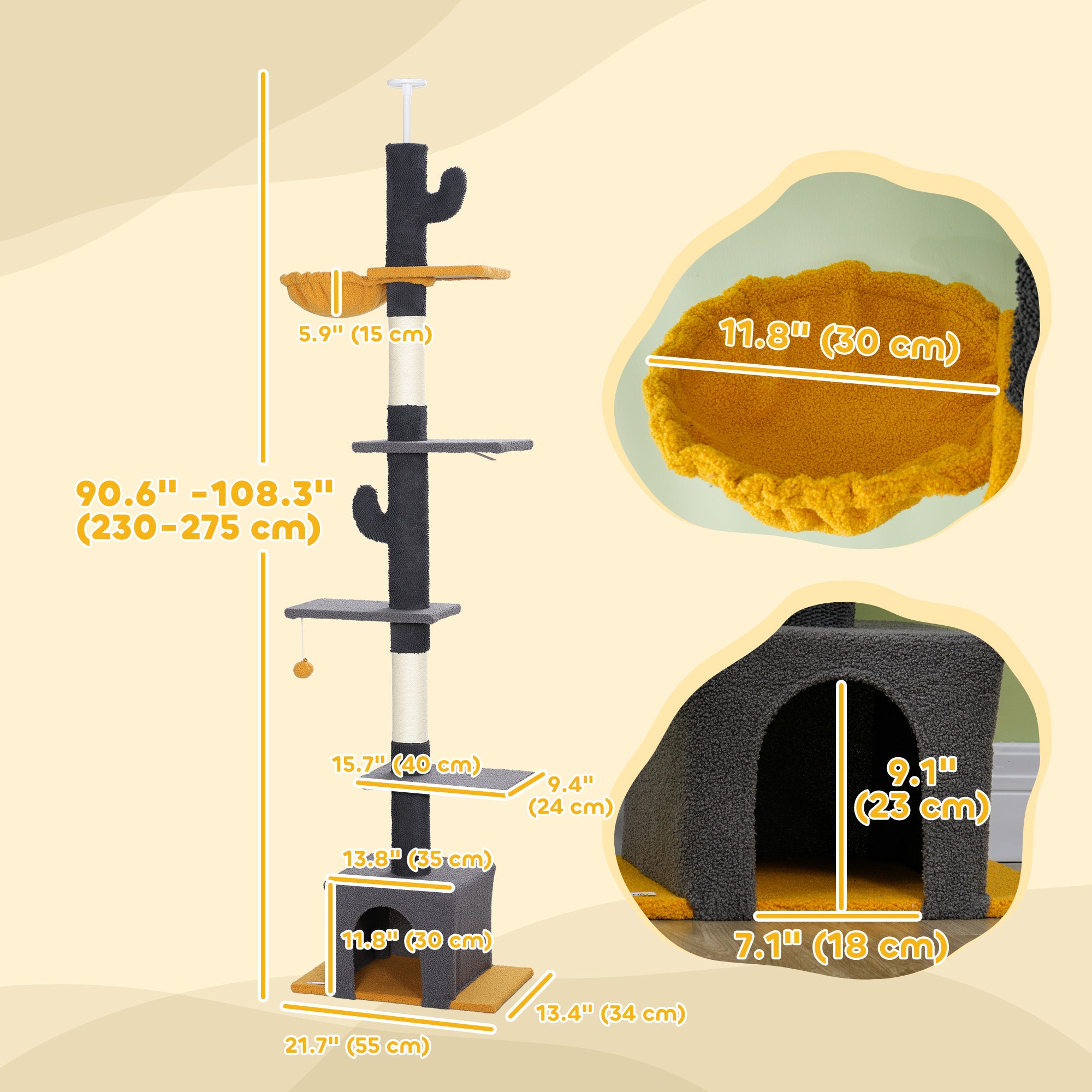 Floor to Ceiling Cat TreeTower with 90.5"-108" Adjustable Height, Scratching Posts, Hammock, Condo, Toy Ball, Dark Grey-Cats-DECOROLALA