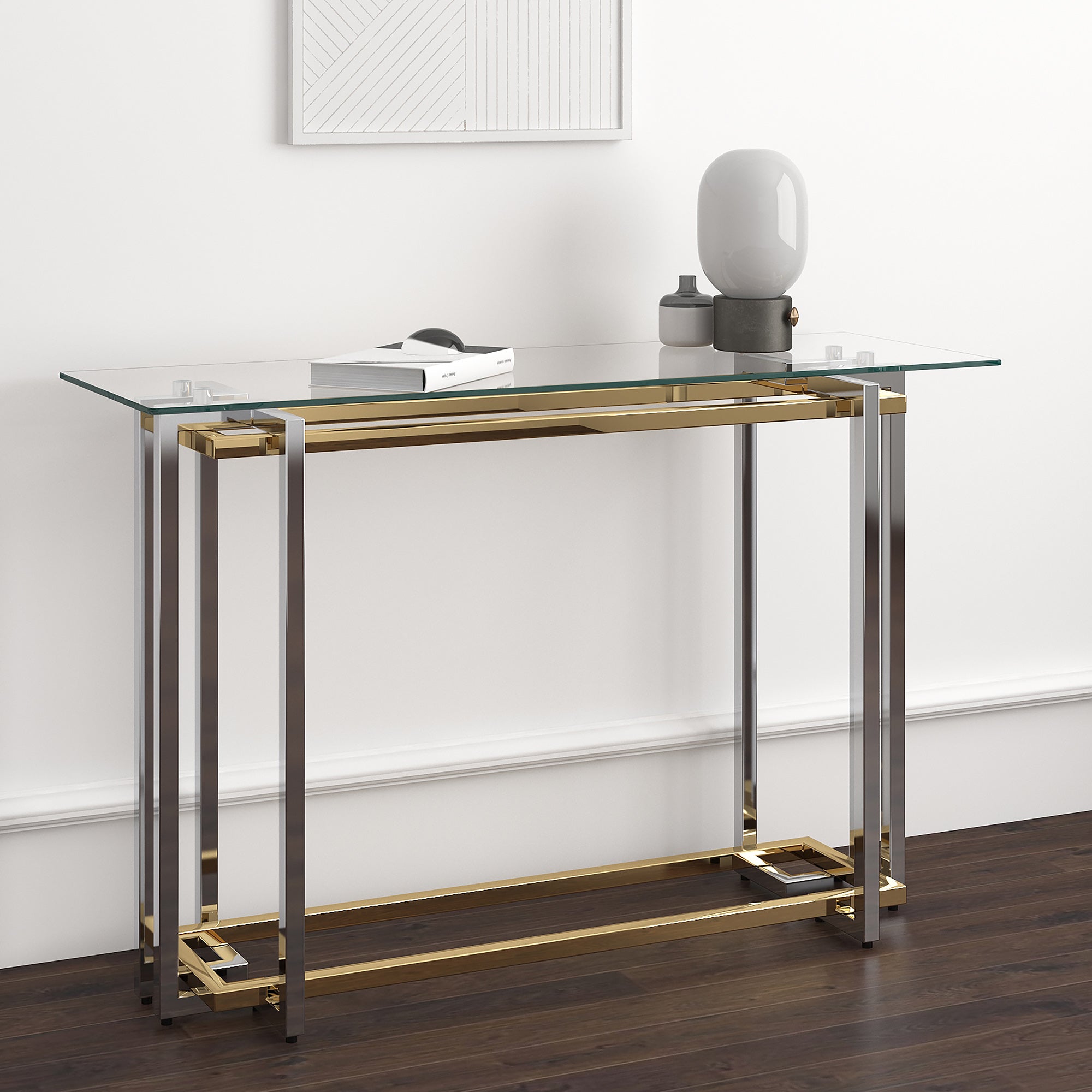 Florina Console Table - Silver and Gold Metal and Glass-DECOROLALA