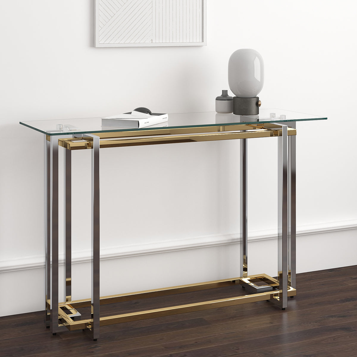 Florina Console Table - Silver and Gold Metal and Glass-DECOROLALA