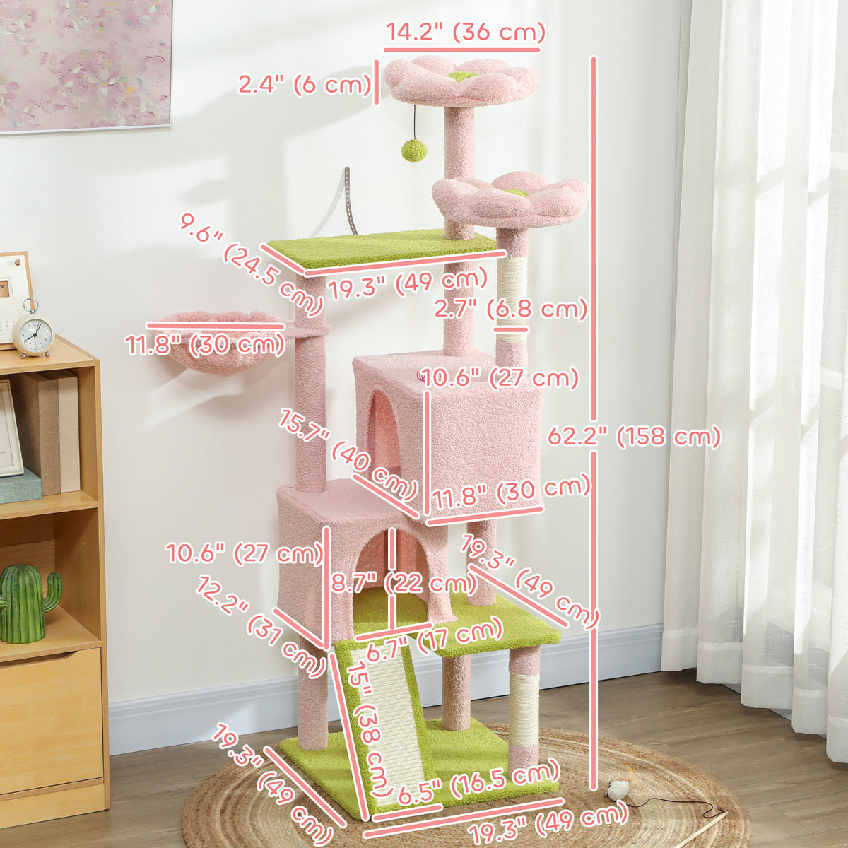 Flower Cat Tree - 62" Multi-Level Cat Tower with Sisal Posts, Pink-Cats-DECOROLALA