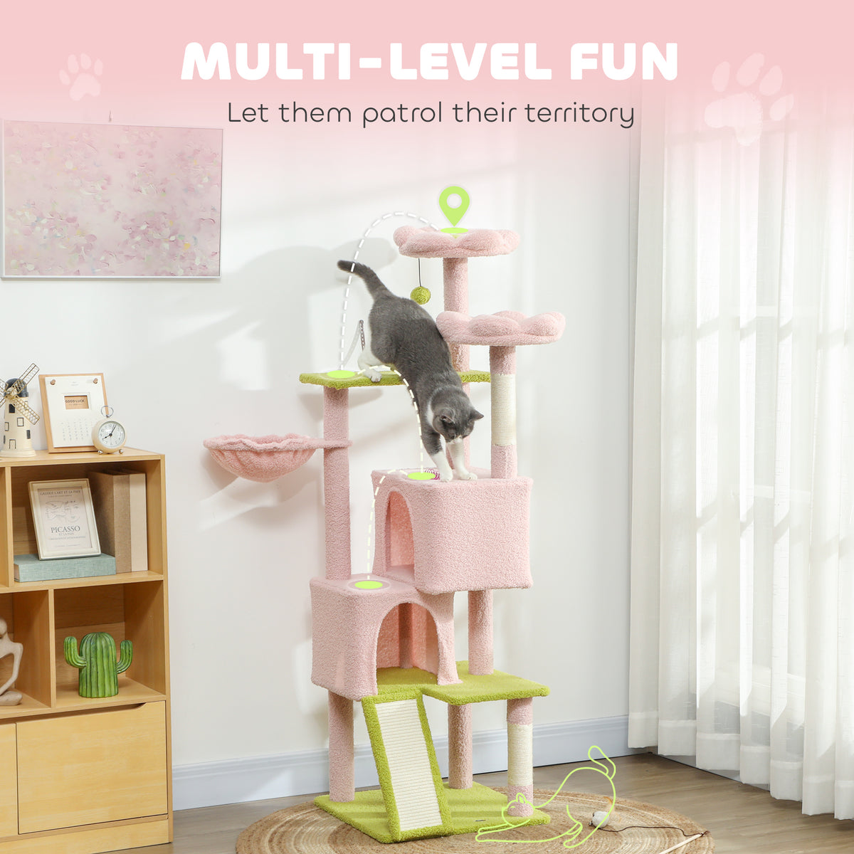 Flower Cat Tree - 62" Multi-Level Cat Tower with Sisal Posts, Pink-Cats-DECOROLALA