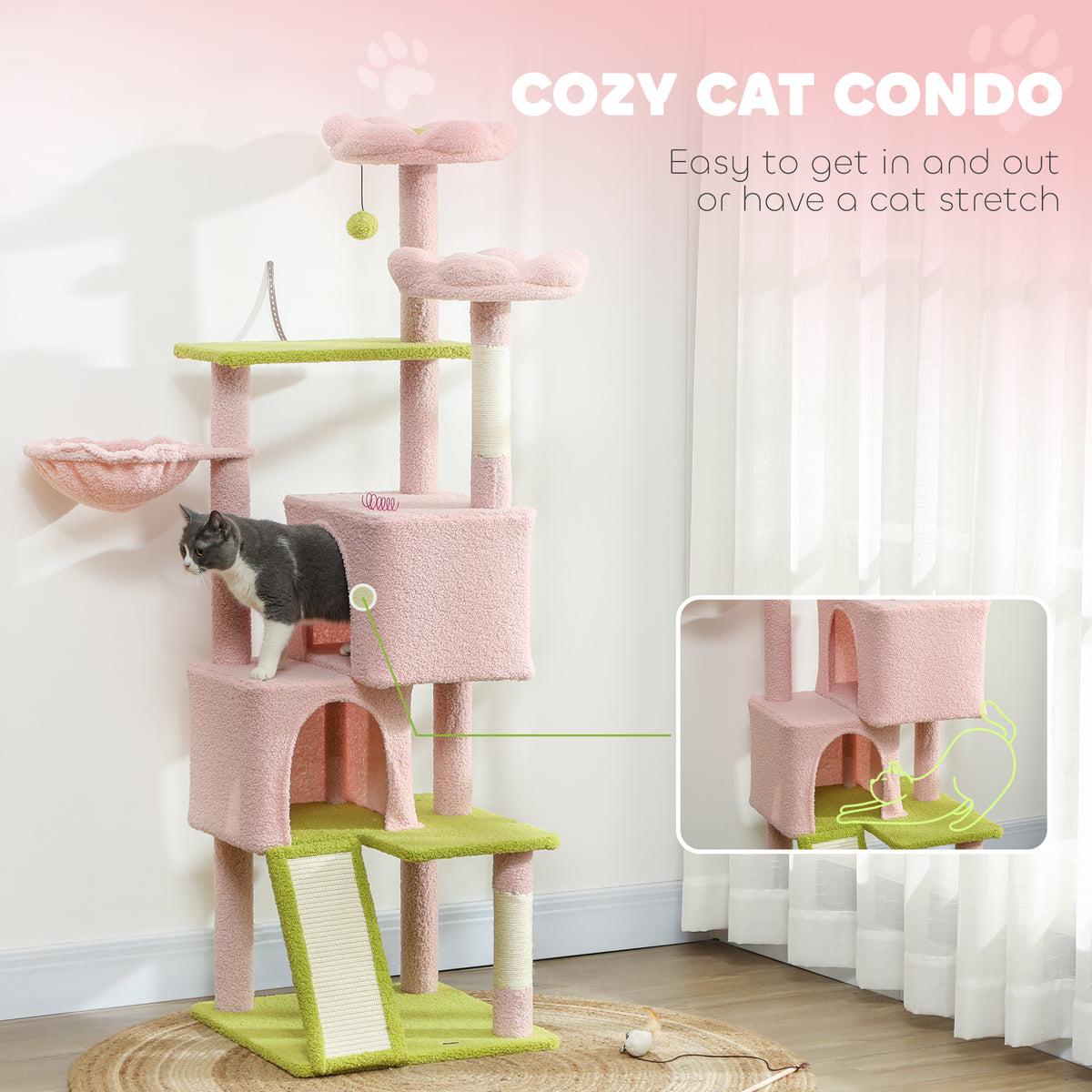 Flower Cat Tree - 62" Multi-Level Cat Tower with Sisal Posts, Pink-Cats-DECOROLALA