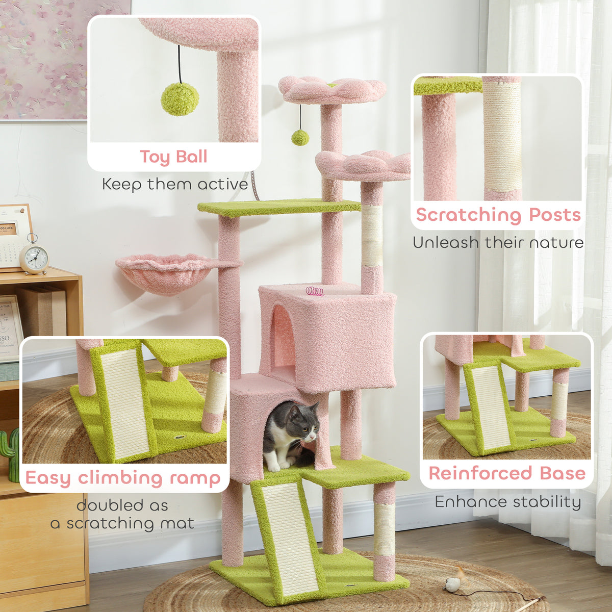 Flower Cat Tree - 62" Multi-Level Cat Tower with Sisal Posts, Pink-Cats-DECOROLALA