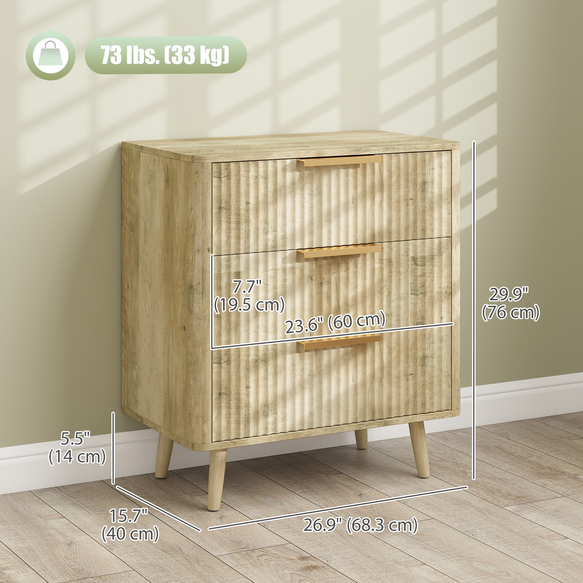 Fluted 3 Drawer Dresser - Oak Modern Chest of Drawers-DECOROLALA