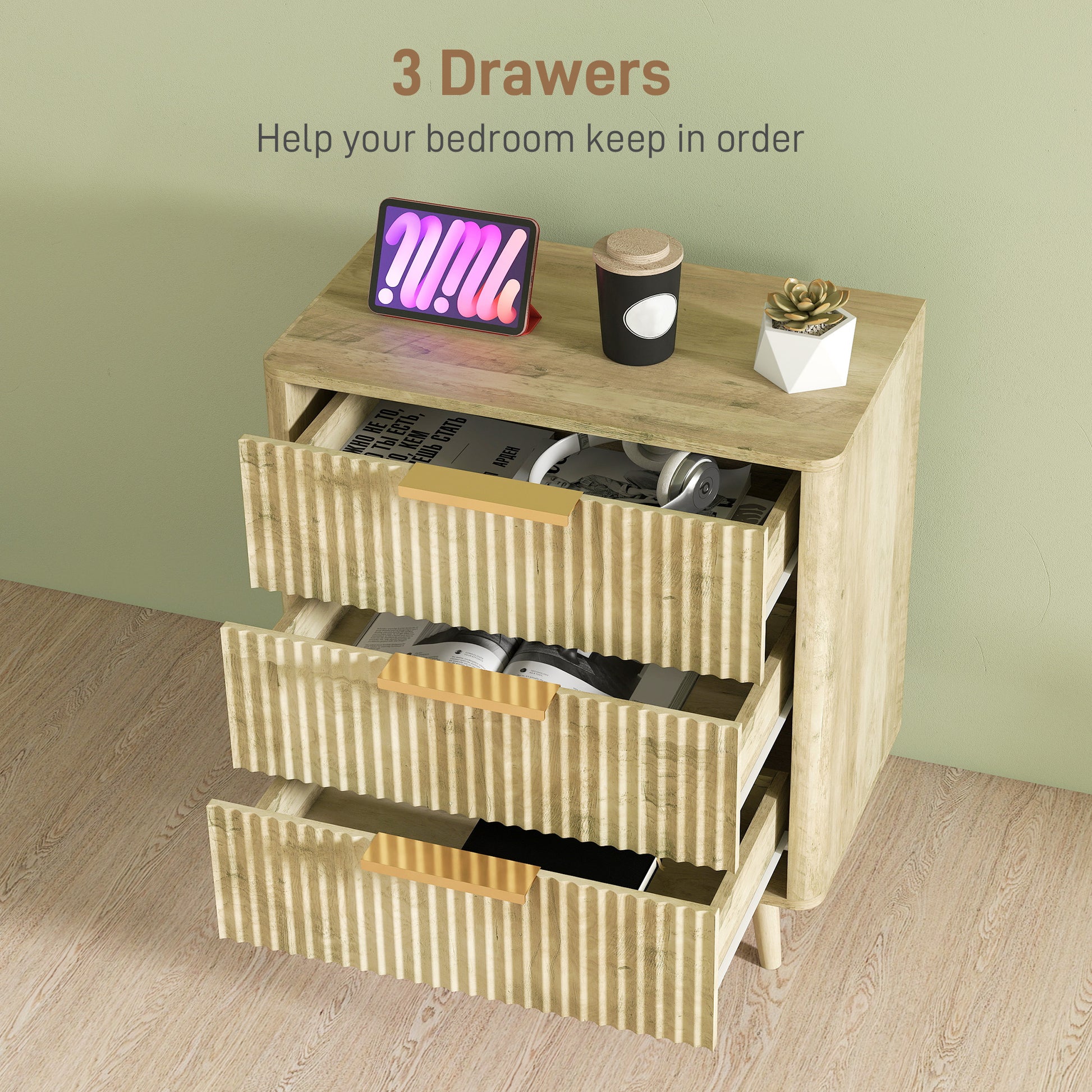 Fluted 3 Drawer Dresser - Oak Modern Chest of Drawers-DECOROLALA