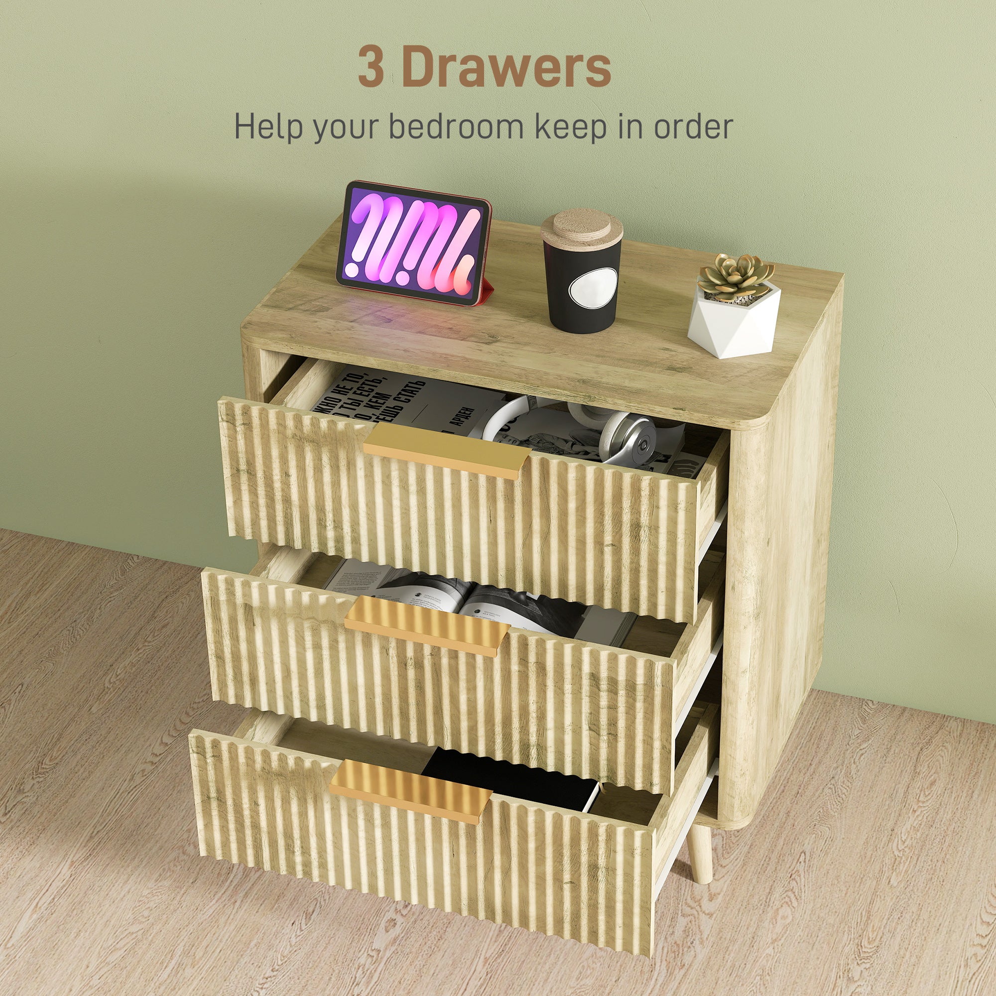 Fluted 3 Drawer Dresser - Oak Modern Chest of Drawers-DECOROLALA