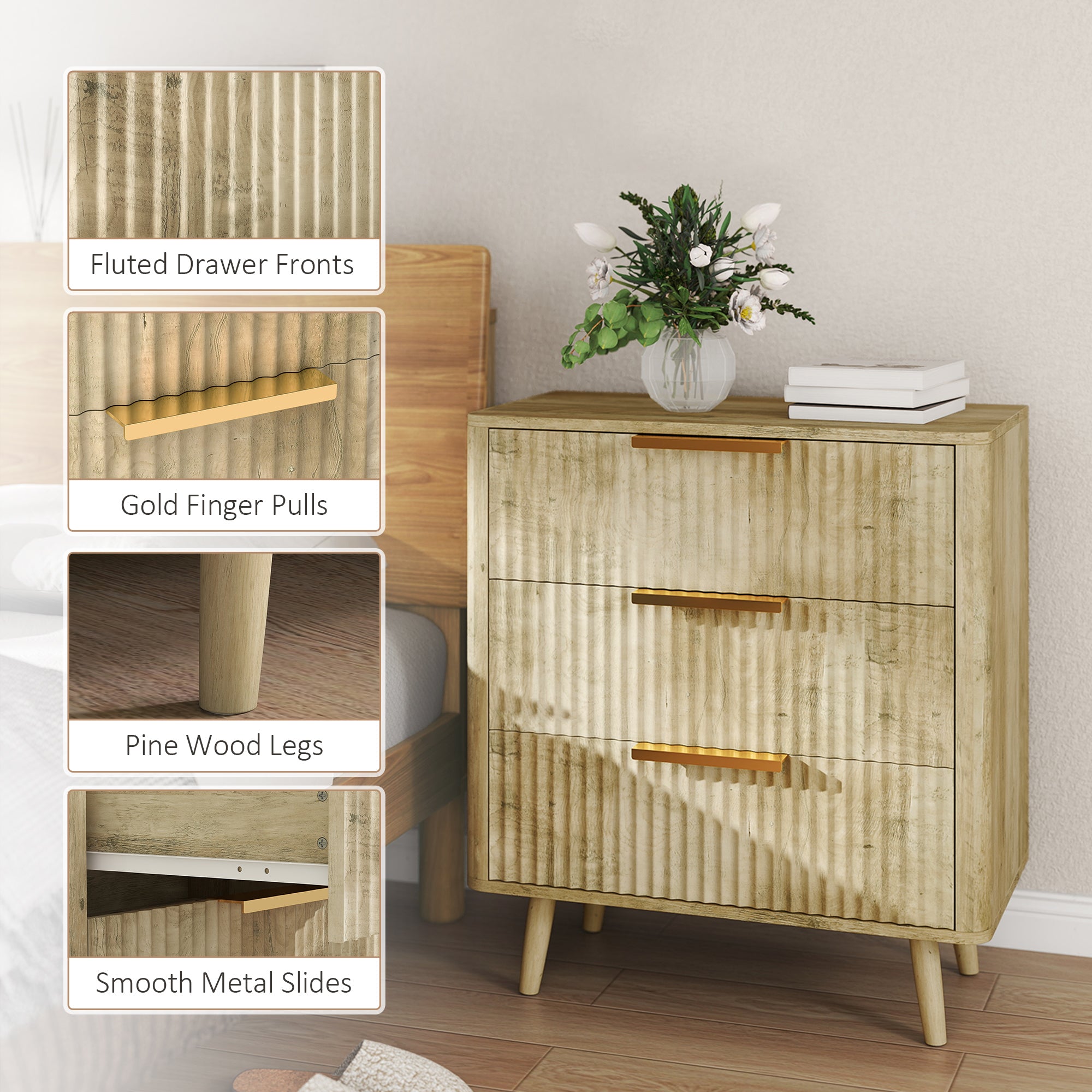 Fluted 3 Drawer Dresser - Oak Modern Chest of Drawers-DECOROLALA