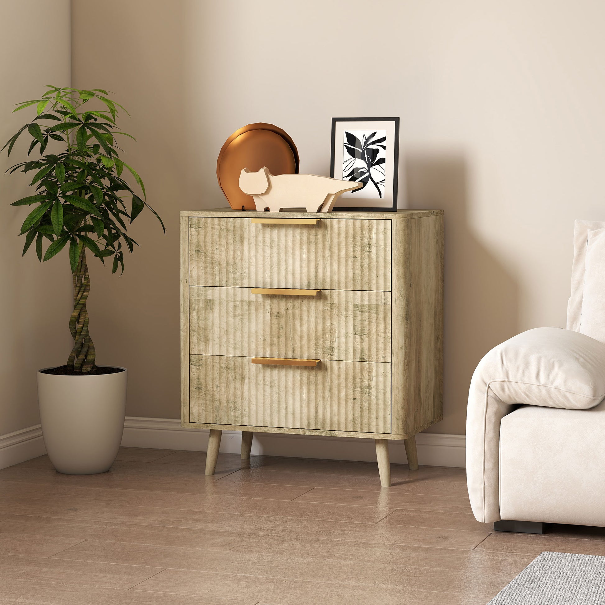 Fluted 3 Drawer Dresser - Oak Modern Chest of Drawers-DECOROLALA