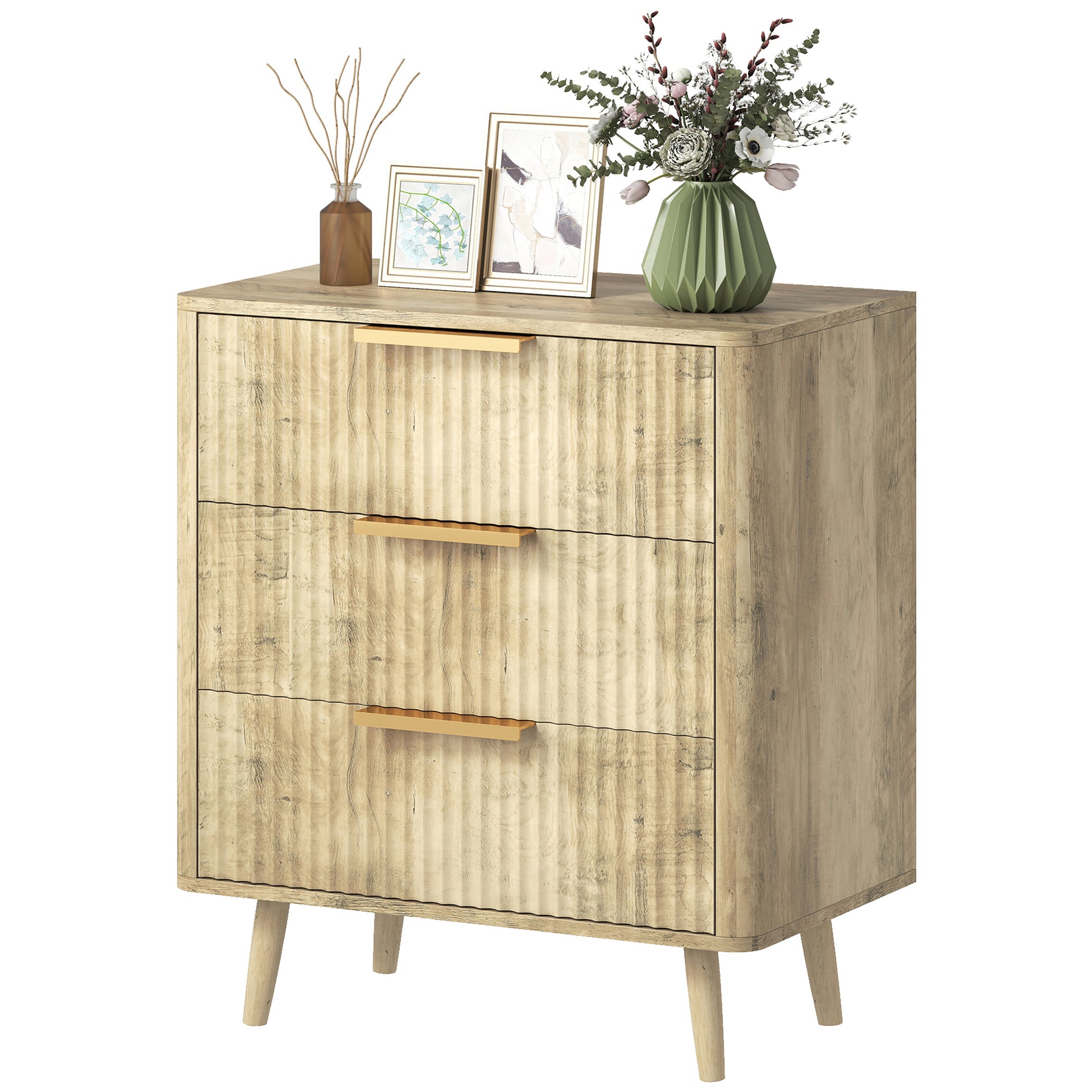 Fluted 3 Drawer Dresser - Oak Modern Chest of Drawers-DECOROLALA