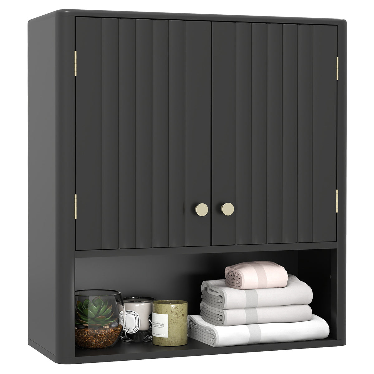 Fluted Bathroom Wall Cabinet - Black 2-Door Storage with Shelf-Wall Cabinets-DECOROLALA