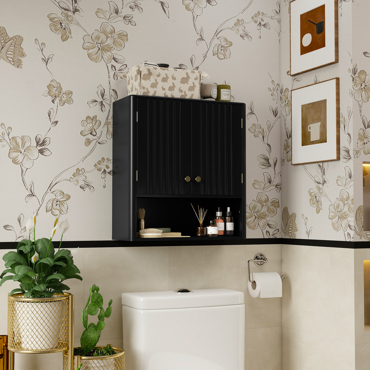 Fluted Bathroom Wall Cabinet - Black 2-Door Storage with Shelf-Wall Cabinets-DECOROLALA
