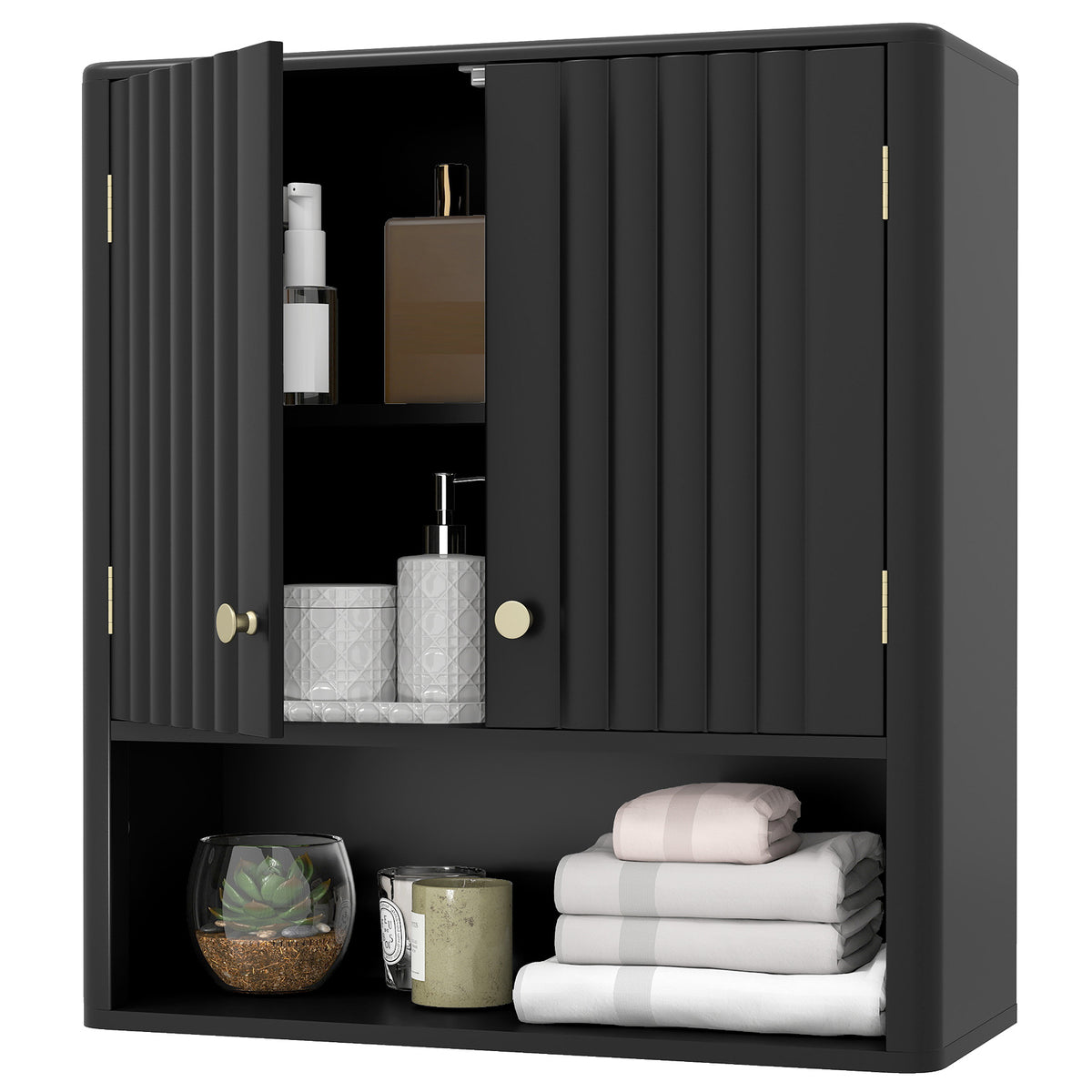 Fluted Bathroom Wall Cabinet - Black 2-Door Storage with Shelf-Wall Cabinets-DECOROLALA