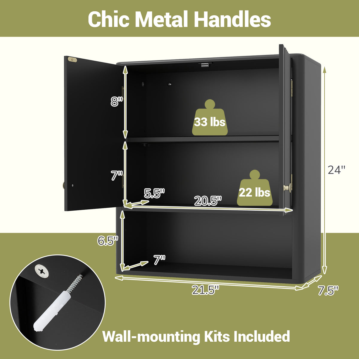 Fluted Bathroom Wall Cabinet - Black 2-Door Storage with Shelf-Wall Cabinets-DECOROLALA
