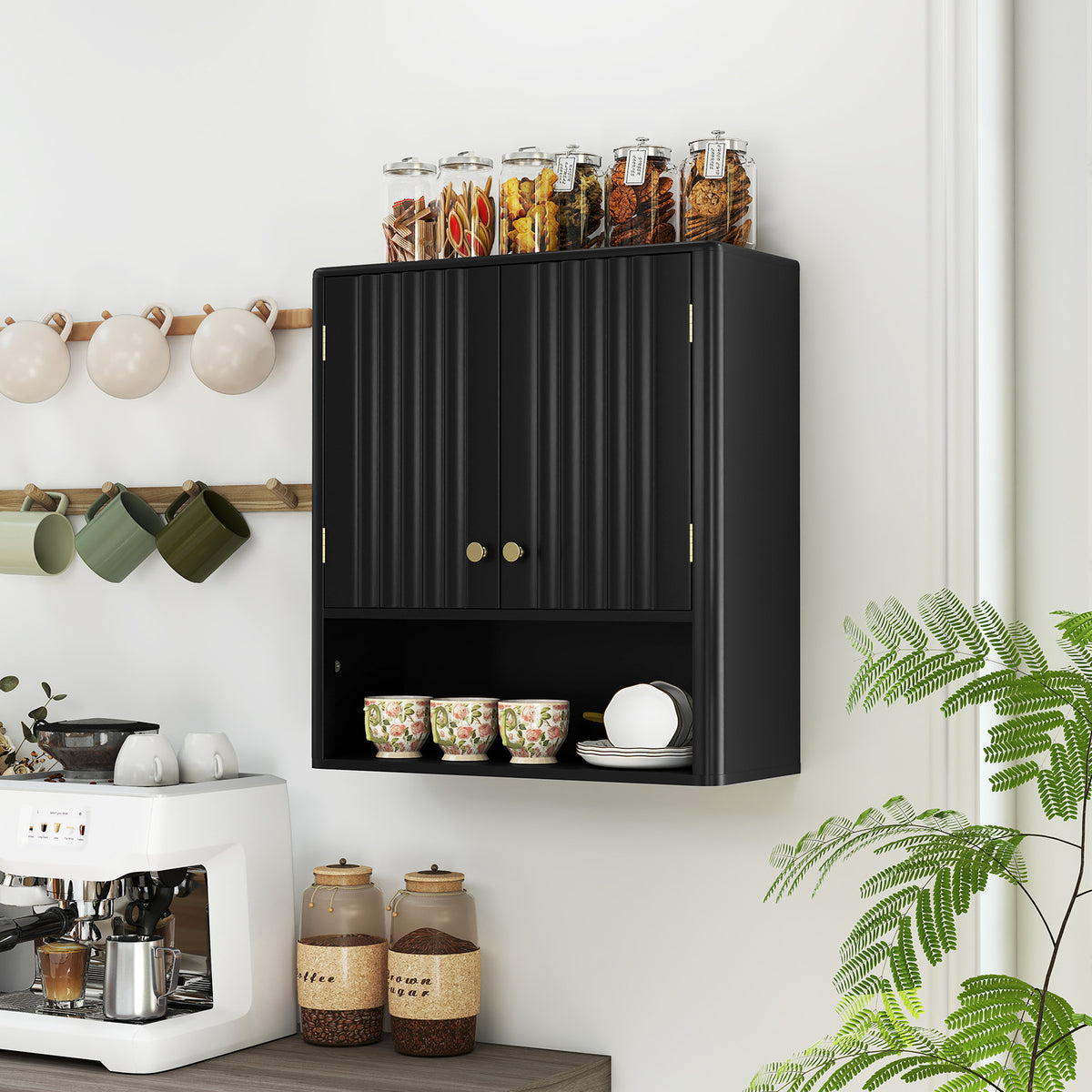 Fluted Bathroom Wall Cabinet - Black 2-Door Storage with Shelf-Wall Cabinets-DECOROLALA