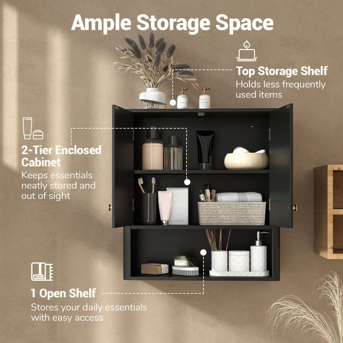 Fluted Bathroom Wall Cabinet - Black 2-Door Storage with Shelf-Wall Cabinets-DECOROLALA