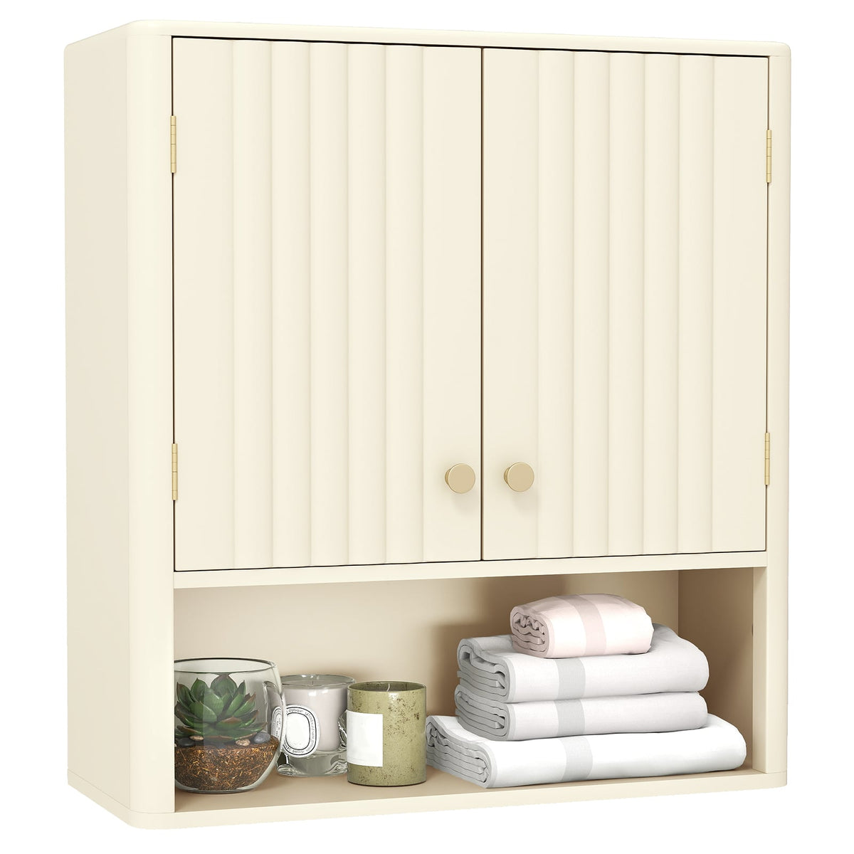 Fluted Bathroom Wall Cabinet with Open Shelf - Beige 24"-Wall Cabinets-DECOROLALA