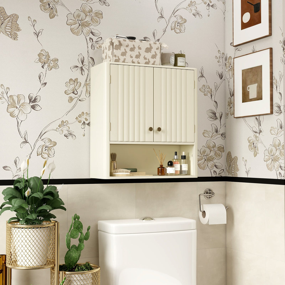 Fluted Bathroom Wall Cabinet with Open Shelf - Beige 24"-Wall Cabinets-DECOROLALA